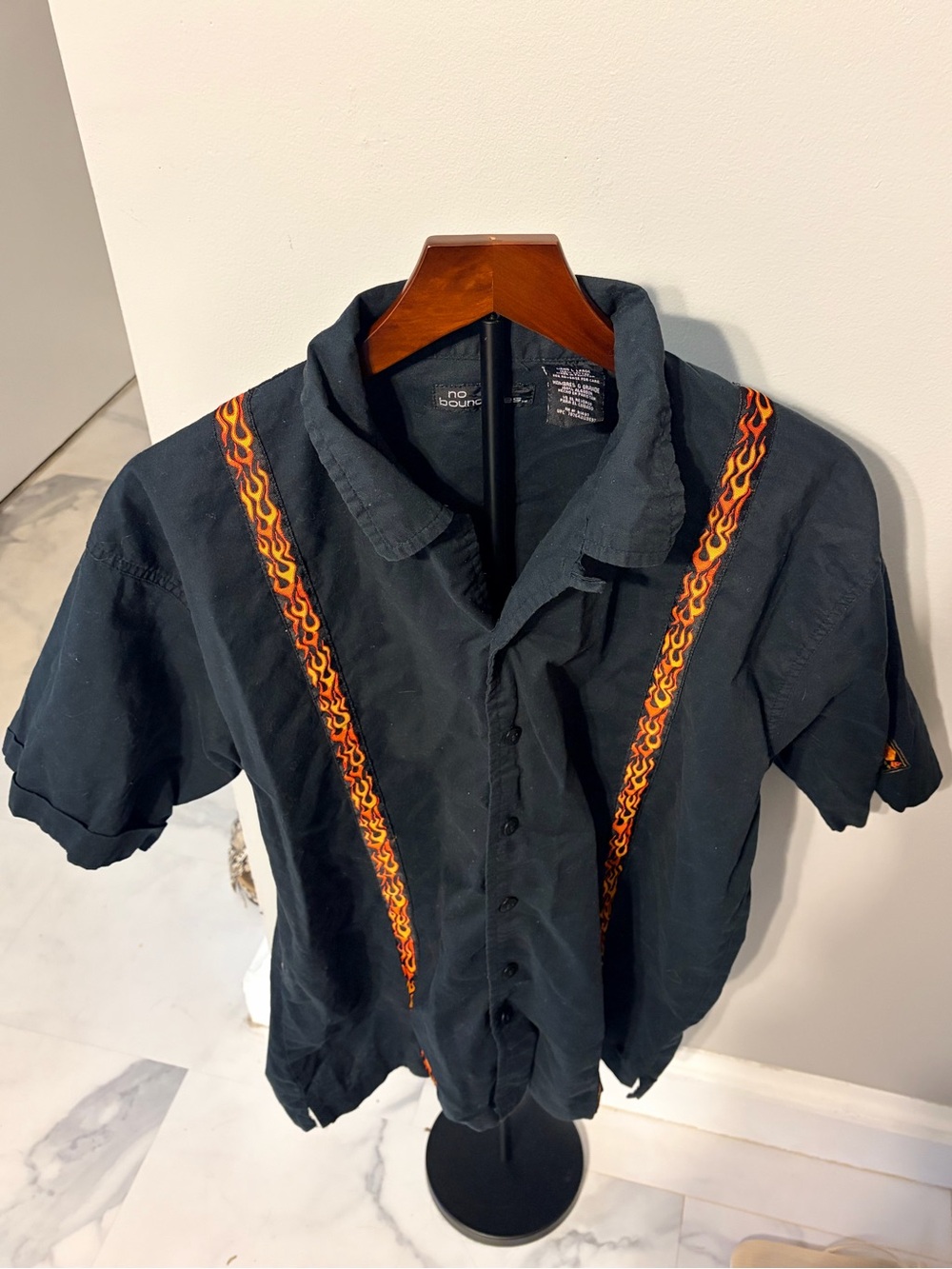 Vintage No Boundaries Black Short-Sleeve Button-Up Shirt with Flame Stripe